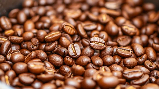 حبوب قهوة محمصة طازجة موضوعة في إناء، مما يعبر عن المذاق والرائحة الغنية الناتجة عن عملية حمص القهوة