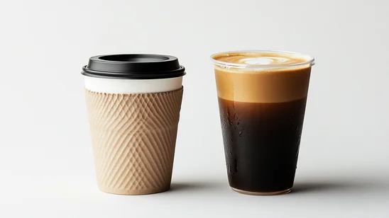 صورة مقربة لكوبين من القهوة؛ أحدهما كوب ورقي للقهوة الساخنة، والآخر كوب زجاجي للقهوة الباردة، مما يعكس التنوع في تصميمات أكواب القهوة لمختلف أنواع المشروبات
