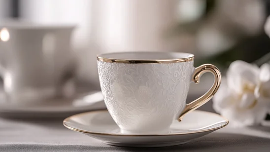 صورة مقربة لكوب قهوة فاخر مصنوع من البورسلين الأبيض مع لمسات ذهبية رقيقة، يرمز إلى الفخامة والأناقة التي تضيفها أكواب القهوة الفاخرة لتجربة المقهى