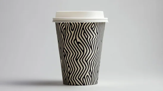 صورة مقربة لكوب قهوة ورقي بتصميم فريد ونمط عصري باللونين الأسود والأبيض، يعبر عن لمسة فنية تضيف جاذبية لعلامة المقهى التجارية