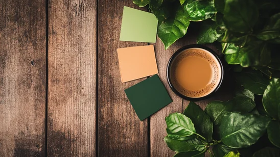 صورة مقربة لعينة من لوحة ألوان دافئة تضم درجات من الأخضر والبني، موضوعة على سطح خشبي مع فنجان قهوة، مما يرمز إلى كيفية استخدام الألوان في تعزيز هوية العلامة التجارية للمقهى.