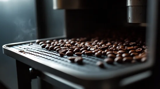 حبوب قهوة محمصة حديثاً على صينية تبريد داخل آلة تحميص قهوة تجارية، مما يرمز إلى الاحترافية في معدات حمص القهوة