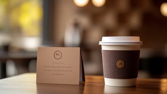 كوب قهوة عصري مع بطاقة تحمل شعار المقهى، في مشهد يوضح أهمية بناء قصة حول علامة تجارية مميزة للمقهى
