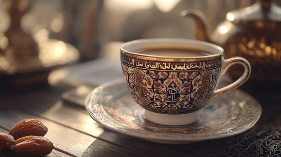 فنجان قهوة عربي تقليدي مزخرف موضوع بجانب بعض التمر، في مشهد يعكس الثقافة الخليجية في تقديم القهوة