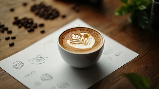 فنجان قهوة مزخرف بنقش لاتيه فوق ورقة تحمل رسومات عن تصميم شعار المقهى، مما يبرز دور التصميم في نجاح العلامة التجارية
