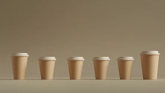 صورة لأكواب قهوة ورقية متعددة الأحجام مرتبة بجانب بعضها البعض، تعرض مجموعة من الخيارات التي تلائم مختلف أنواع المشروبات في المقاهي.