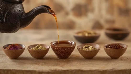 دلة تقليدية تسكب القهوة في فنجان، محاطة بأوعية صغيرة تحتوي على بهارات مثل الهيل والزعفران، لعرض نكهات مميزة لتحضير القهوة العربية