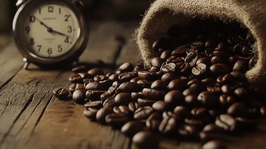 حبوب قهوة محمصة تتدفق من كيس بجانب ساعة، مما يرمز إلى قانون الثلاث 15 وأهمية توقيت القهوة الطازجة للحفاظ على نكهتها الغنية