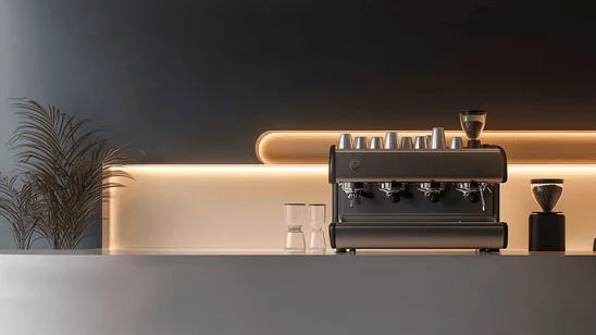 ماكينة إسبرسو حديثة موضوعة على سطح طاولة أنيقة في مقهى، بإضاءة خلفية ناعمة تعكس أجواء عصرية. أجهزة الكوفي شوب الأساسية