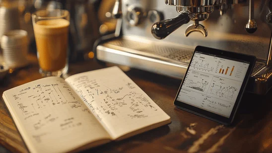 لقطة مقربة لمفكرة بها ملاحظات مكتوبة باليد عن أفكار لنجاح مشروع كافيه