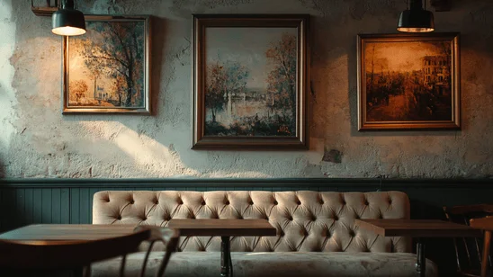 مشهد دافئ لمقهى يضم أريكة كلاسيكية قديمة موضوعة أمام جدار بملمس فني. فوق الأريكة توجد ثلاث لوحات فنية مؤطرة بأسلوب كلاسيكي، تضيف لمسة من الأناقة. اختيار أثاث المقهى