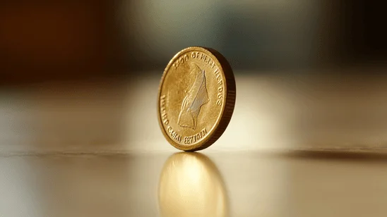 لقطة قريبة لعملة ذهبية واقفة على سطح أملس، في إشارة إلى الجانب المالي والاقتصادي لإدارة المقاهي، دون وجود خلفية مشتتة، مما يعطي انطباعًا بالتركيز على القرارات المالية. دخل المقاهي