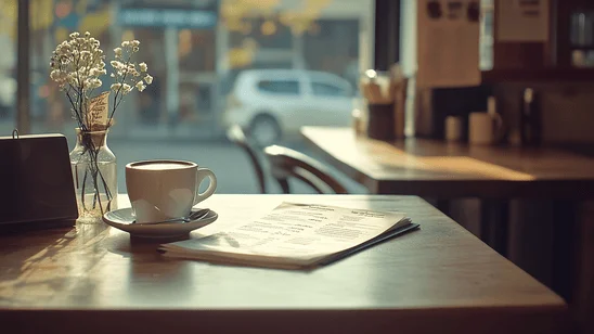 صورة لطاولة مقهى تحتوي على فنجان قهوة، بجانبه قائمة أو مستندات مرئية بوضوح. الإضاءة الطبيعية تنير المكان، مما يعكس فكرة التخطيط والمتطلبات الأساسية لافتتاح وإدارة المقهى. دليل متطلبات تأسيس كوفي