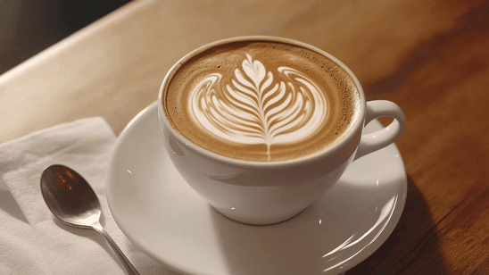 فنجان لاتيه مزين بفن الرسم على الحليب بشكل ورقة على سطح مشروب القهوة.