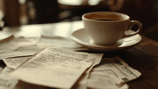 فنجان قهوة بجانب مجموعة من الأوراق والفواتير المتناثرة على طاولة خشبية، يوحي بمناقشة أو إدارة أعمال متعلقة بالمقاهي.