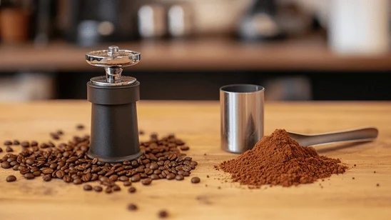 لقطة مقربة لجهاز طحن يدوي وحبوب قهوة مطحونة بجانبه، على طاولة خشبية