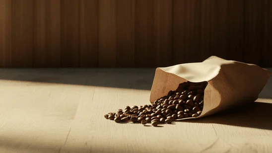 صورة بسيطة لحقيبة ورقية تحتوي على حبوب القهوة منتشرة على طاولة خشبية. الإضاءة الطبيعية تضفي شعورًا بالدفء، مع التركيز على جودة حبوب القهوة والطابع الريفي للطاولة. موردين القهوة للمقهى