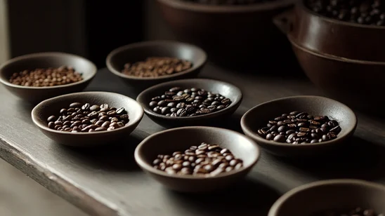 مجموعة من أطباق صغيرة تحتوي على حبوب البن بدرجات تحميص مختلفة، تعرض تنوع النكهات والقوام في عالم القهوة